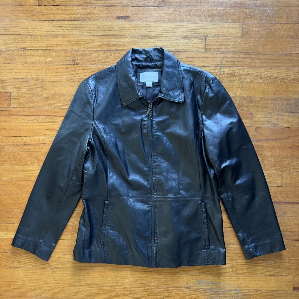 90's Worthington Leather Jacket Black‎ Zip Front Collared Classic Coat Large
